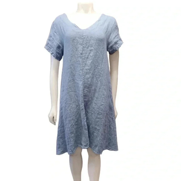 Angela Mara 100% Linen Blue Short Sleeve Asymmetrical Midi Dress Size Large - Picture 2 of 9